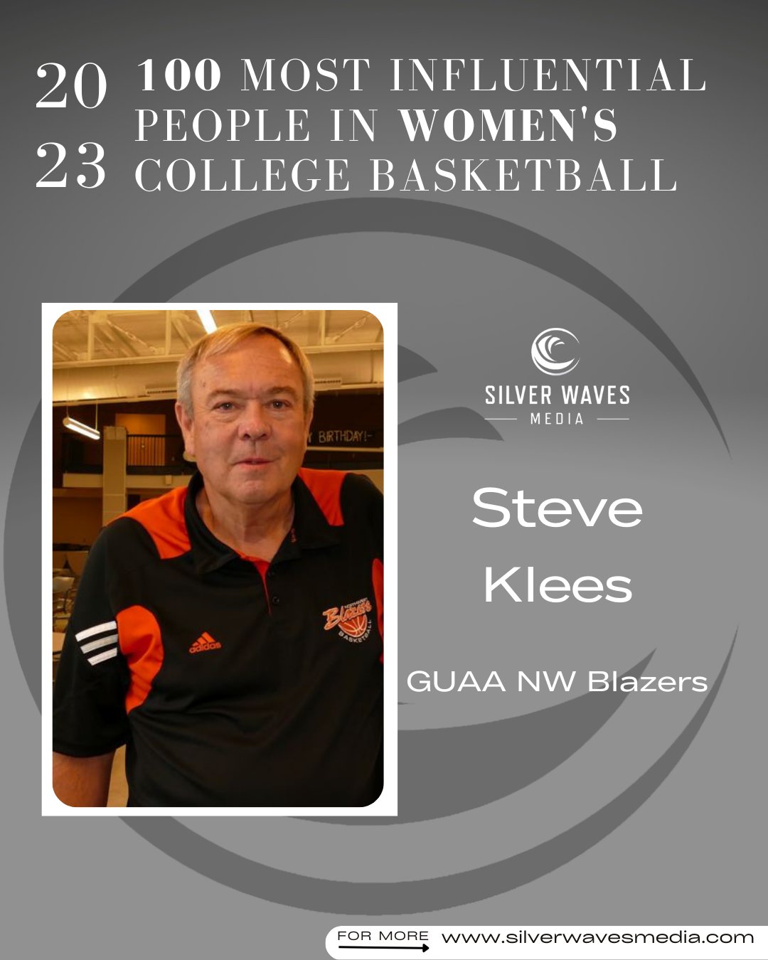 Silver Waves Media 2023 graphic recognizing Steve Klees among impactful people in women's college basketball.