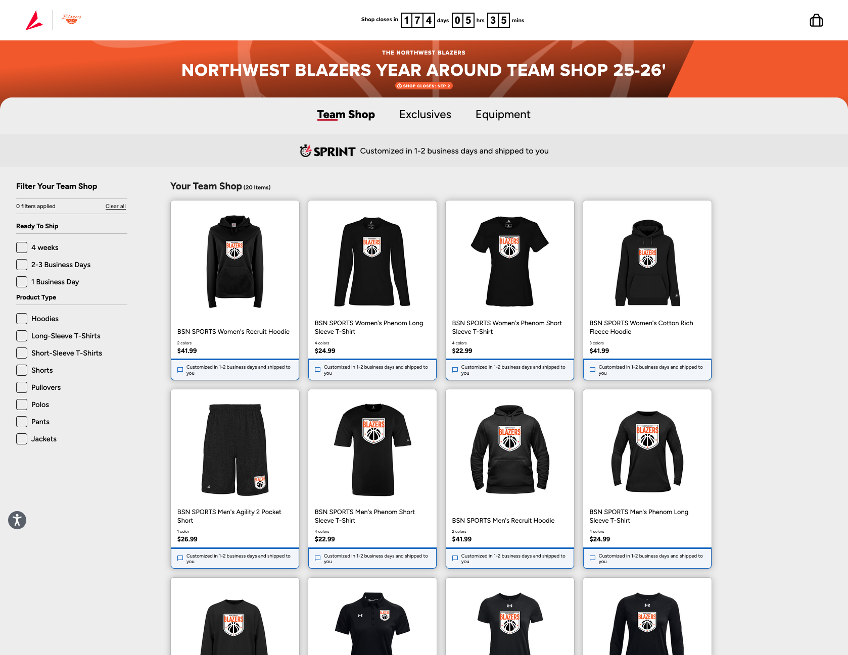 Screenshot of the BSN Team Sports Northwest Blazers team shop page with apparel grid.
