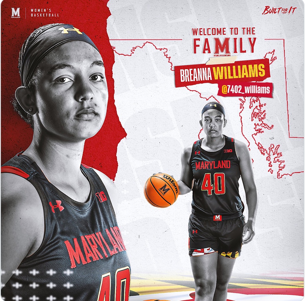 Breanna Williams college commitment graphic for Maryland women's basketball.